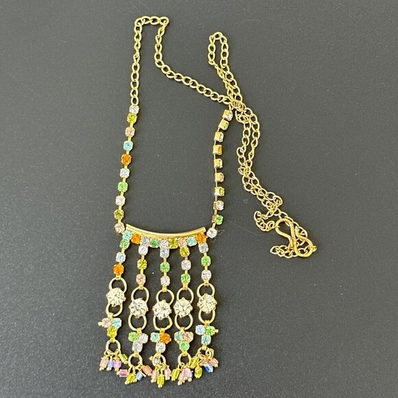 Chandelier Choker Necklace Crystal Fringe Gold Tone Chain - Picture 3 of 5